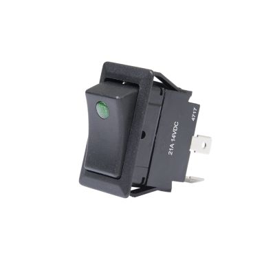 Green SPST On-Off rocker switch with blade terminals, featuring a full-size design and distinct button style.