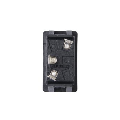 Illuminated SPST full-size rocker switch with blade terminals, featuring a black casing and metallic connectors.