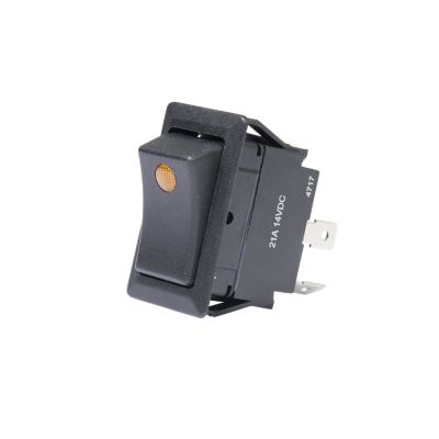 Black SPST on-off full-size rocker switch with amber indicator, featuring blade terminals, angled view showing side markings.