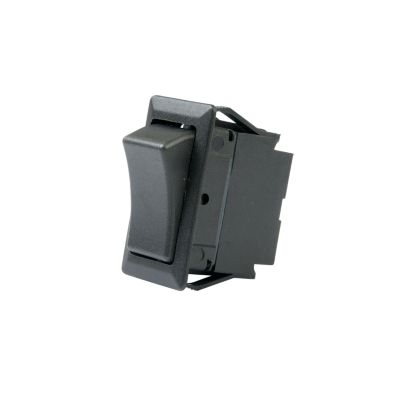 Black SPDT On-On full-size rocker switch with a curved actuator and robust design for electrical applications.