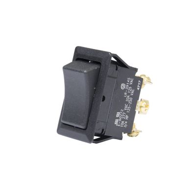 SPDT full-size rocker switch with On-Off-On positions and screw terminals, featuring a black casing and gold connectors.
