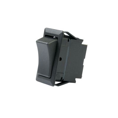 SPDT On-Off-On full-size black rocker switch, featuring a durable design for various electronic applications.