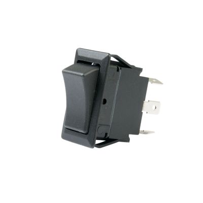 Black DPDT on-off-on full-size rocker switch with metal terminals, shown on a white background.