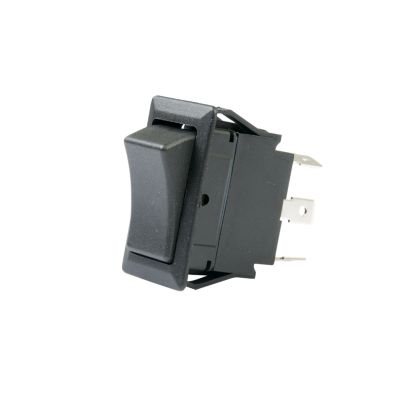 Black DPDT rocker switch with on-off-on functionality, featuring a sturdy design and metallic terminals for electrical connections.