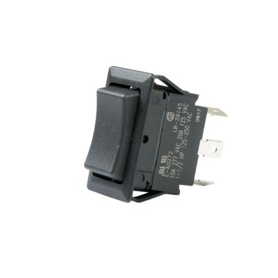 Black DPDT full-size rocker switch with visible pins, designed for On-Off-On functionality.