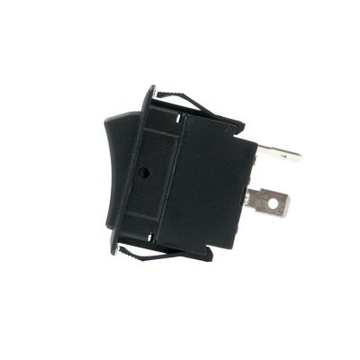 Non-illuminated SPST full-size rocker switch, side profile with visible terminals and black casing.