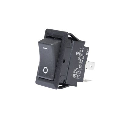 Black SPST rocker switch with I/O legend, featuring a full-size rectangular design and metal terminals for electrical connections.