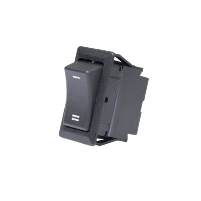 Black SPDT On-On rocker switch with I/O legend, featuring a robust rectangular design for electronic applications.