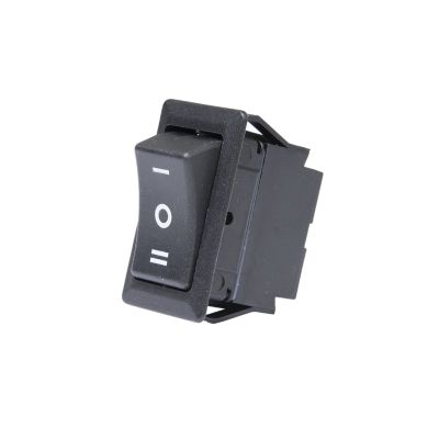 SPDT On-Off-On rocker switch with I/O legend, featuring a robust design and black housing, ideal for electronic applications.