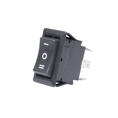DPDT rocker switch with I/O legend, offering three positions: on, off, and on, in a full-size black design.