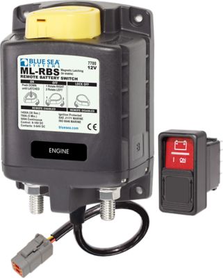 Remote battery switch with manual control and connector; ideal for efficient power management in marine settings.