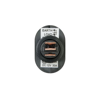 Black SPST LED dot rocker switch with labeled terminals for earth, load, and LED, designed for DC 12V, 30A.