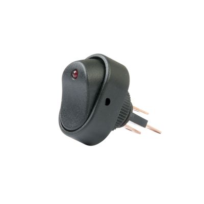 Red LED illuminated SPST on-off rocker switch for surface mount, DC rated, showcasing practical design and functionality.