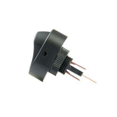 LED Dot Rocker Switch, SPST, DC rated, side view highlighting black casing and copper prongs.