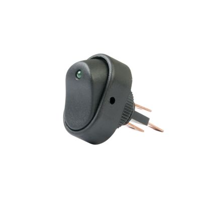 Green LED illuminated SPST on-off rocker switch, surface mount, DC rated, with ergonomic design.