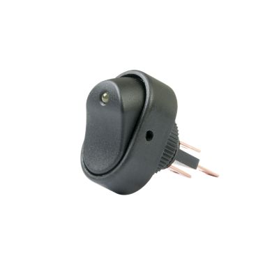 SPST On-Off LED rocker switch, amber illumination, surface mount, DC rated, features compact design and easy installation.