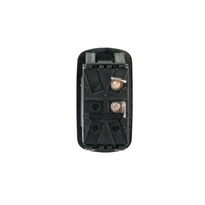 Euro-style rocker switch, SPST, back view with copper terminals and black casing for electrical connections.