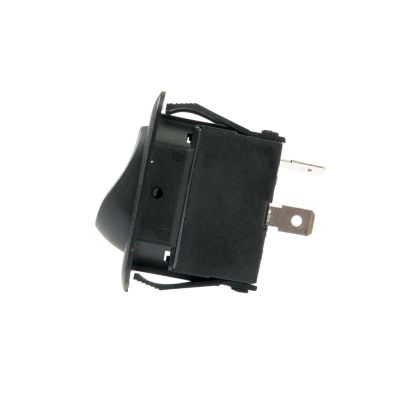 Euro-style SPST rocker switch in black with a single-pole design for electrical devices.