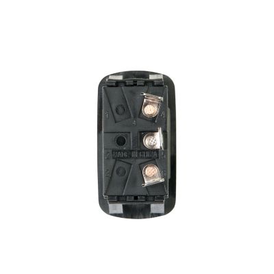 Euro-style SPDT rocker switch, black casing with visible terminal connections, back view showing durable construction.
