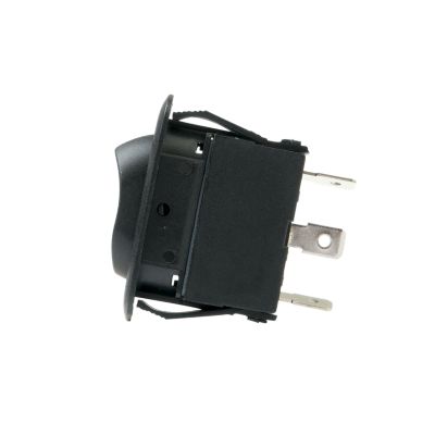 Euro-style SPDT rocker switch, side view showing black casing and metal connectors against a white background.