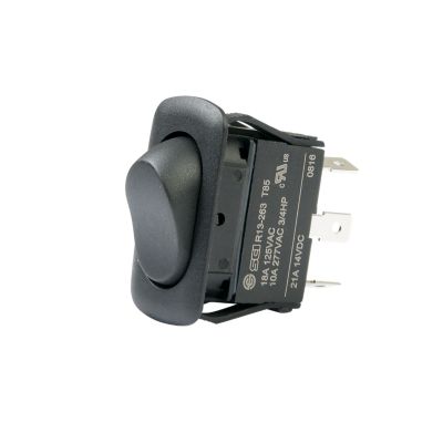 Euro style SPDT rocker switch with On-Off-On functionality, sleek black design, and metal connectors.
