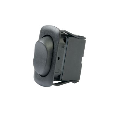 Euro style rocker switch in black with SPDT On-Off-(On) functionality, featuring a sleek, rounded design.