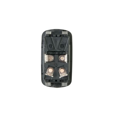 Euro-style full-size rocker switch, DPST, backside view showing connector details and durable construction.