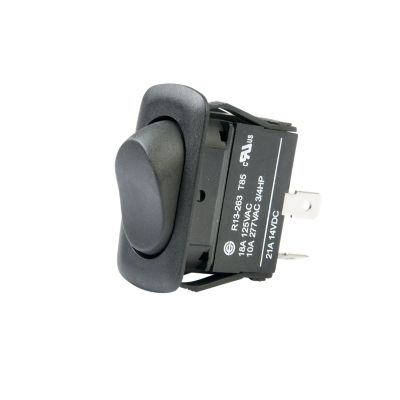 Black DPST Euro style rocker switch with on-off function, featuring a compact design and limited quantity available.