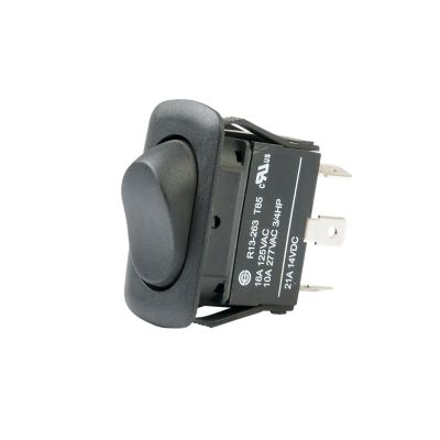 DPDT On-On Euro Style Rocker Switch in black with compact design, showcasing electrical specifications on the side.