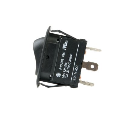 Euro-style DPDT rocker switch with visible prongs, sleek black design, and clear labeling.