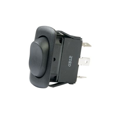 DPDT On-Off-On Euro style rocker switch, black, shown in profile, highlighting its sturdy design and connectivity terminals.