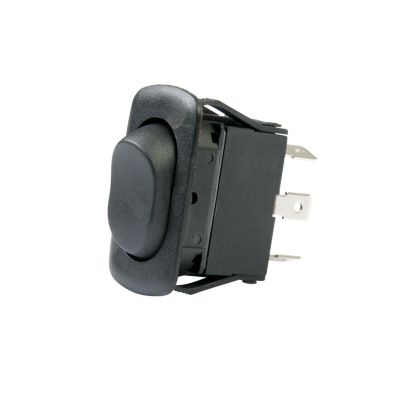 DPDT Euro style rocker switch with on-off-(on) functionality, featuring a sleek black design and durable construction.