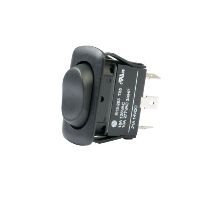 Euro style DPDT rocker switch in black with multiple positions and visible electrical ratings.