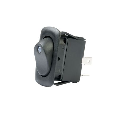 SPST On-Off rocker switch with blue LED illumination, Euro style design, showcasing durable black housing and sleek contour.