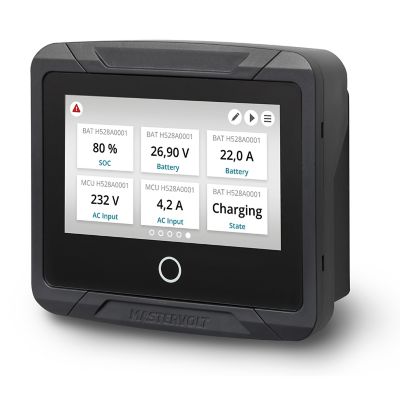 Mastervolt EasyView 5 monitor showing battery voltage, current, and charging status on a digital display.