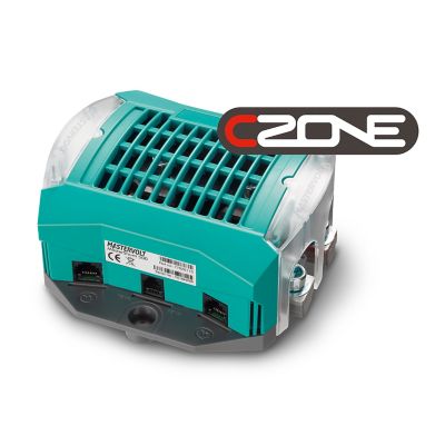 Mastervolt MasterShunt 500 与 CZone 集成，具有紧凑的青绿色设计和多个连接端口。