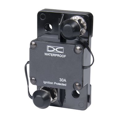 Del City waterproof auto reset circuit breaker, surface mount design with rugged construction, 30 Amp capacity, 32V rating.