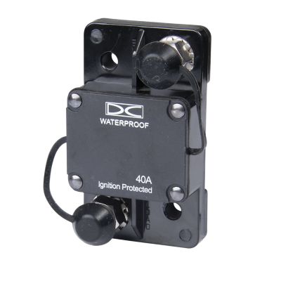 Waterproof auto-reset circuit breaker with 40 amp capacity and surface mount design, featuring secure studs for installation.