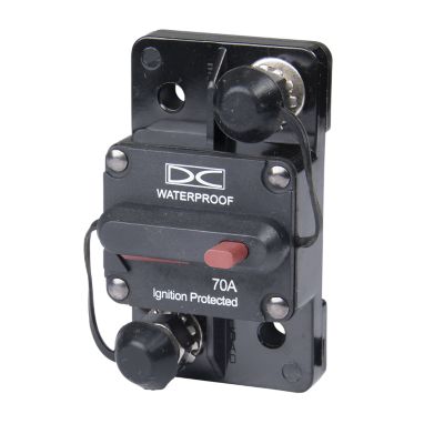 Waterproof surface mount circuit breaker, manual reset, 70 Amp, Del City brand.