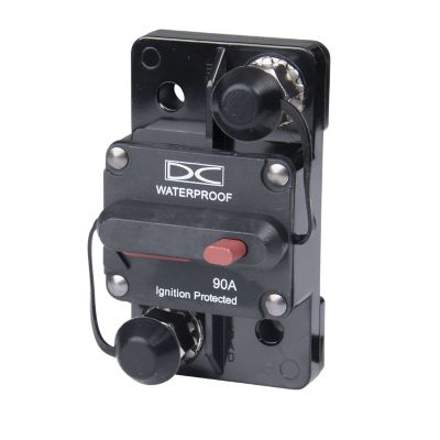 Waterproof 90 Amp circuit breaker with manual reset, surface mount design, ignition protection, and insulated studs.
