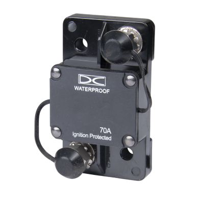 Waterproof auto reset circuit breaker, surface mount, 70 Amp, with protective casing and mounting holes.