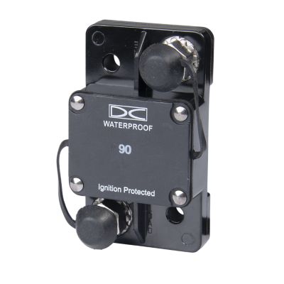 Del City auto reset circuit breaker, surface mount, waterproof design, 90 Amp, ideal for automotive electrical systems.