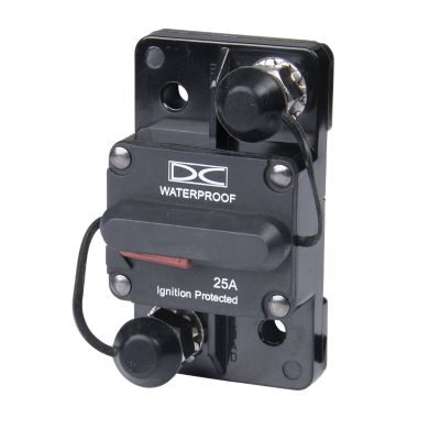 Del City waterproof circuit breaker, manual reset, surface mount, ideal for ignition protection, 25 amp, 48V use.