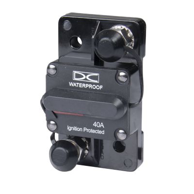 Waterproof manual reset circuit breaker by Del City, surface mount, 40 Amp, 48V, with ignition protection features.
