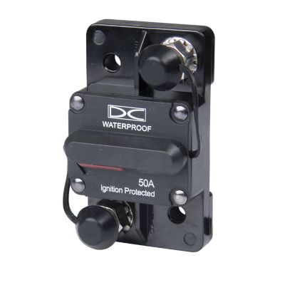 Waterproof Del City manual reset circuit breaker, surface mount design, ignition protected, 50 amp, ideal for 48V systems.