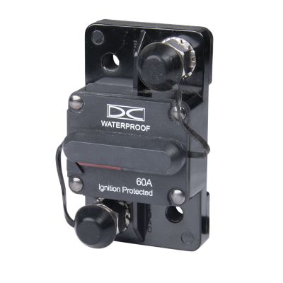 Manual reset circuit breaker, surface mount, 60 Amp, waterproof design with ignition protection, featuring robust build.