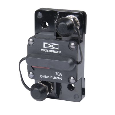 Waterproof circuit breaker, manual reset, surface mount, 70 amp capacity, featuring ignition protection and sturdy design.