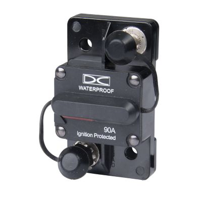 Manual reset hi-amp circuit breaker by Del City, 90 Amp, surface mount, waterproof, ignition protected design.