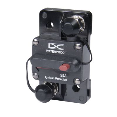 Waterproof Del City manual reset circuit breaker, switchable, surface mount with studs, 25 amp capacity, 48V protection.