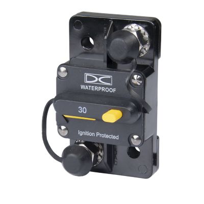 Del City manual reset hi-amp circuit breaker, surface mount with switch and ignition protection, 30 Amp, 48V.